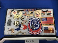 ASSORTMENT OF MOSTLY PATRIOTIC PINS AND PATCHES