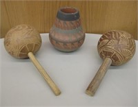 5" Navajo Ceramic Pot & 2 Dancing Rattles