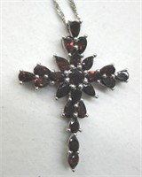 .925 Stamped Cross Necklace w/ Red Stones