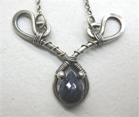"Logo" Stamped S/Silver & Blue Stone Necklace