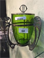 ART NOUVEAU GREEN GLASS BISCUIT BARREL