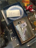 PEWTER FLASK & WEDGWOOD PIN DISH