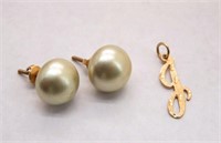 10K Pearl Earrings &14K (g) Letter Pendant