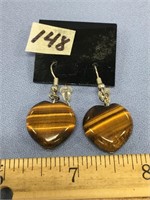 Pair of heart shaped tiger eye pierced earrings