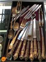 TRAY OF SILVER-PLATED FLATWARE, BOTTLE OPENER & MO
