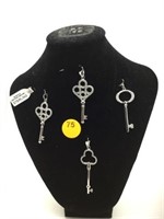 4 PC STERLING SILVER "KEY" PENDANTS WITH CRYSTALS