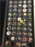 DISPLAY CASE WITH 47 COLLECTIBLE PINS IN RAMEKINS