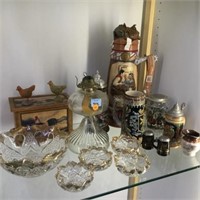 CUT GLASS BOWLS, OIL LAMP BASE, BEER STEINS, BEER