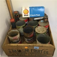 WOODEN CRATE WITH EMPTY COLLECTIBLE OIL CANS, SPAR