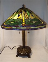 Leaded Glass Dragonfly Lamp With French Metal Base
