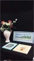 Clay Planter W/ Faux Flowers & Framed Pictures-10C