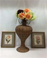 Gorgeous Wicker Planter &Framed Floral Prints -10C