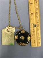 Gold chain, 14kt with 2  jade pendants  weight of