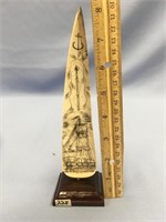 8.5" Tall fossilized ivory with whaling ship, harp