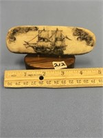 5" Fossilized ivory scrimshawed with sailing vesse