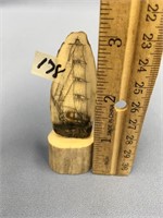 3" Tall, ancient walrus tooth with sailing vessel