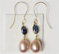 14kt Yellow Gold Pearl & Sapphire Earrings $925