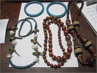 Jewelry Lot-3 Wooden Necklaces, 2 Glass Blue Bange