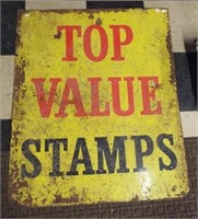 Vintage double sided Top Value stamps metal sign.