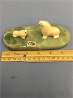 5.5" Long ivory seal cow and calf on soapstone bas