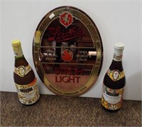 Stroh's Light beer mirror and (2) Bottles of