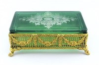 Vintage Green Glass Etched to Clear Casket Box.
