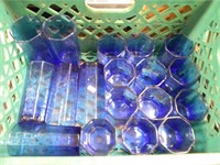 GREEN CRATE FILLED WITH NICE BLUE DRINKING GLASSES