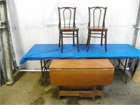 2 wooden chairs &shop built drop leaf table