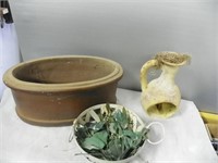 Heavy oval flower pot, & other pots