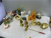 Brass ornaments, elevator bank, tea lights etc
