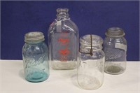 Vintage Milk Bottle & 3 Glass Jars