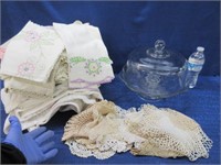 stack of linens & doilies -cake stand set