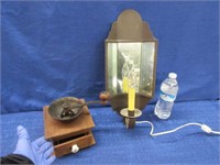 old coffee grinder & modern wall light