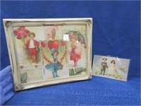 3 old valentine cards (framed) & easter postcard