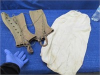 military issued boot spats & old linen bag