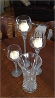 3 candleholders, vase