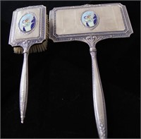Silver enameled brush/mirror set