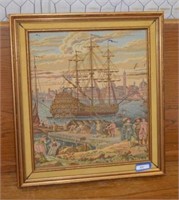 Vtg Framed Woven Nautical Sailboat Ship Tapestry