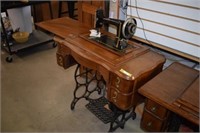Antique Davis Sewing Machine in Oak Cabinet