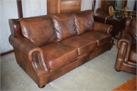 Brown Distressed Leather Sofa w/ Stud Trim