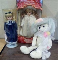 2 PC. Porcelain dolls and bear