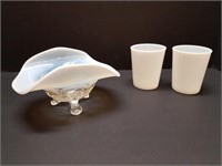 MILK GLASS FOOTED BOWL WITH 2 MILK GLASS CUPS