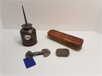 SMALL OIL CAN, MEASURING TOOL, BELT BUCKLE + BRUSH