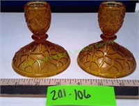 Vintage Pair of Amber Glass Candlesticks