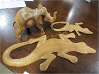 2 Wooden Carved Lizards & Carved Wooden Elephant