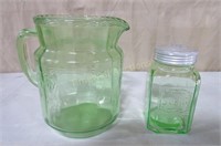Green Depression Pitcher & Hoosier Jar