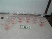 6 Etched Pink Champagne Glasses & 7 Etched