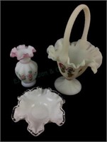 (3) Fenton Art Glass Basket, Bowl, Vase