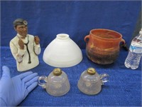 clay pot -2 old oil lamps -white shade -puppet