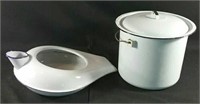 Enamel pot with lid, 10"Rx8"H & bedpan 16"x13"
